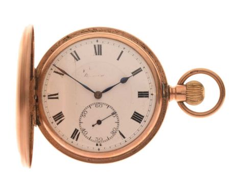 George V 9ct gold full hunter pocket watch, the white enamel Roman dial with seconds subsidiary dial and blued steel hands, C