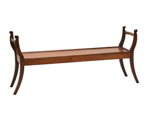 20th century mahogany window bench on splayed supports, 143cm x 66cm high
