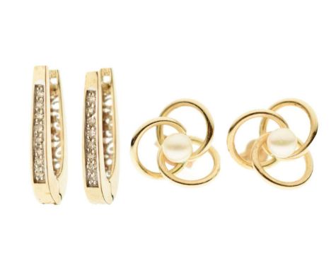 Diamond set yellow metal hoop earrings, and a pair of freshwater pearl gold knot stud earrings, stamped '10K', 4.1g gross app