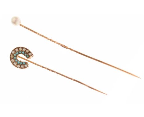 Two 'rose gold' stick pins; Turquoise and seed pearl horseshoe stick pin, and a single pearl stick pin (2)