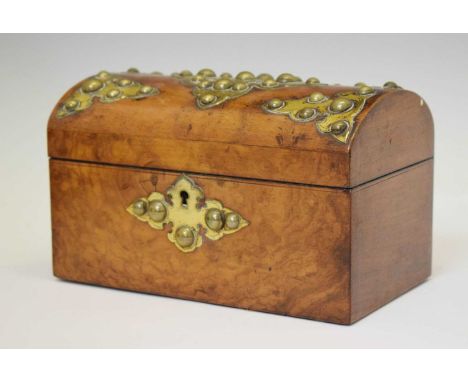 Victorian brass-mounted dome-topped tea caddy, each tea canister with lid and caddy spoon, 20cm wide x 12cm high
