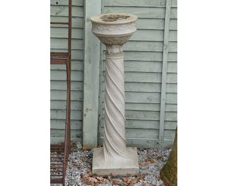 Glazed ceramic pedestal in the Art Nouveau taste, the cylindrical top moulded with frieze of stylised birds over spiral reede