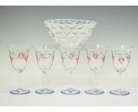 Orrefors - Five 'Maja' wine glasses designed 1983 Eva Englund; together with a clear glass 'Raspberry' bowl, 17cm high (6)
