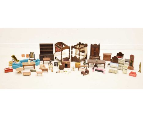 Group of 20th century mostly wooden dolls house furniture to include; four poster beds, dresser, Dutch-style chandelier, ward