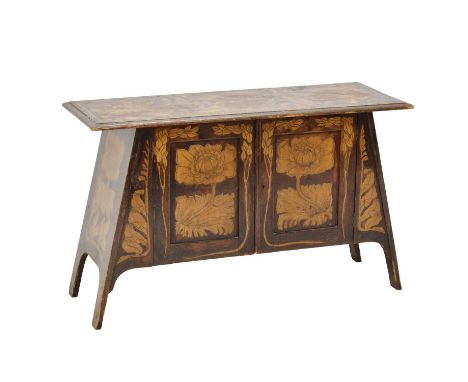 Early 20th century Art Nouveau style inlaid penwork-decorated cabinet, the overhanging top (with faded decoration) above a pa