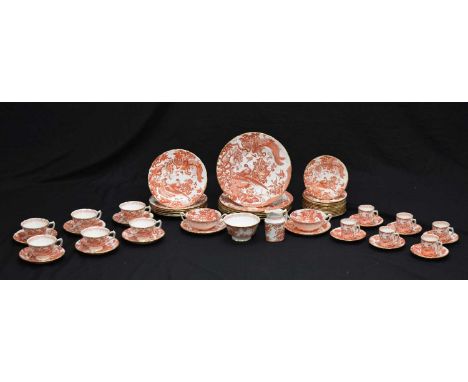 Collection of Royal Crown Derby dinner and tea wares printed and gilded in the 'Red Aves' pattern, comprising six dinner plat