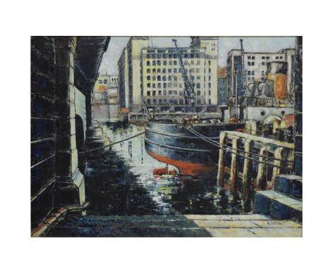 Kenneth Smart (20th century) - Oil on canvas - 'In the Shadow of London Bridge', signed lower right, 43cm x 59cm, framedThe L