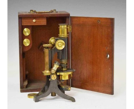 Early 20th century mahogany cased microscope, by A. Hawes of 79 Leadenhall Street, London, with 1/4 inch objective lens and a