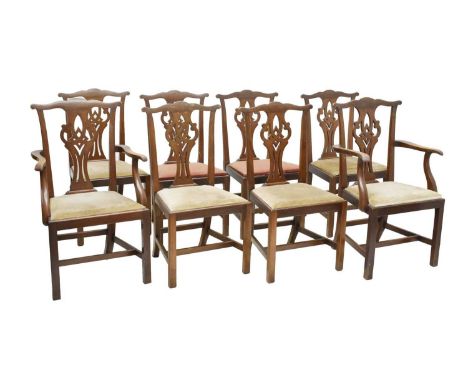 Set of eight (6+2 arm) Chippendale revival mahogany dining chairs, early 20th century, each with pierced vase splat and drop-