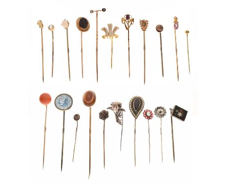 Collection of Victorian and later stick pins to include gold, coral, paste, banded agate, seed pearl, pietra dura, opals, pea