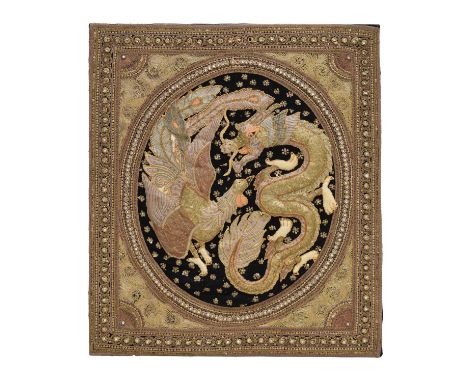 Burmese (Myanmar) Kalaga applique tapestry panel worked with a dragon and phoenix mixed padded textiles embroidered with meta