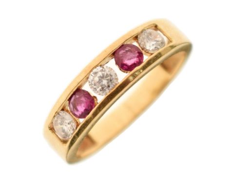 Ruby and white stone half eternity ring, the five stones channel set, stamped '750' to the outside of the shank, size N appro