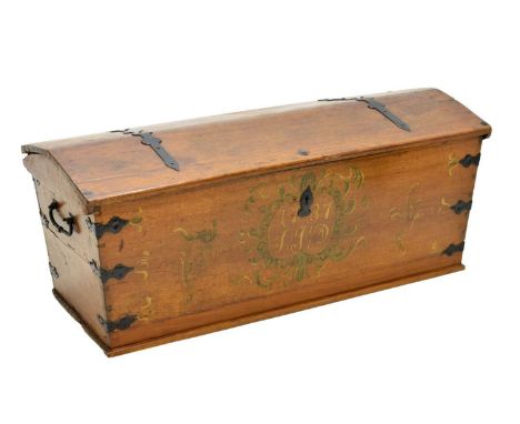 Dated late 18th century Continental (probably Dutch) oak kist or trunk, 1787, the hinged angled lid with metal strapwork, enc