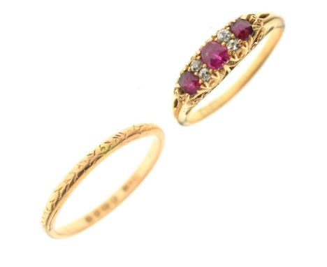 18ct gold ruby and old cut diamond dress ring, size P½ approx, (hallmarks worn), 3.5g gross approx, and a narrow 18ct gold we