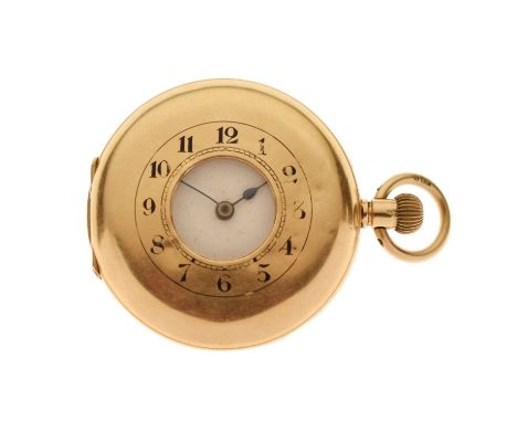 Early 20th century 18ct gold half hunter fob watch, the white enamel dial with Arabic hour markers and blued steel hands, Lon