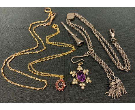 Jewellery - an early 20th century fancy link necklace, indistinctly marks;  a fancy link silver Albertina chain, amethyst gla