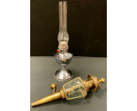 A Lime house light Company coaching lamp, tapering hexagonal light, engraved lenses, slide mount, 55cm long;  a Famos chrome 