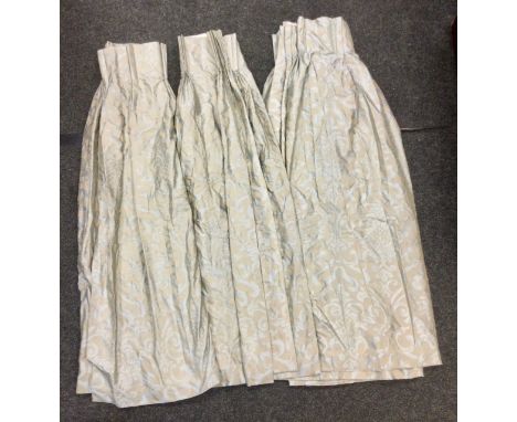 A pair of silk pale blue damask curtains, 145cm length x 100cm width; another, large panel, 145cm length x 498cm width 
