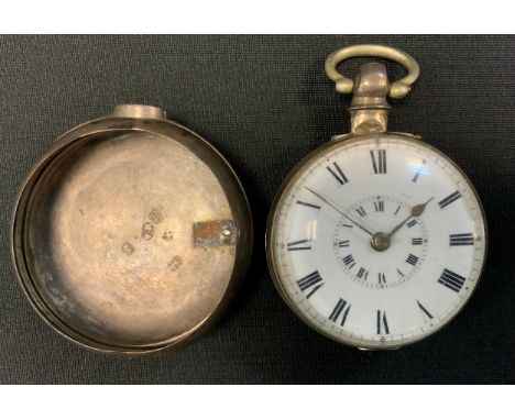A George IV silver pair cased pocket watch, J n Platts, Mansfield, white enamel dial, bold Roman numerals, spade hands, key w