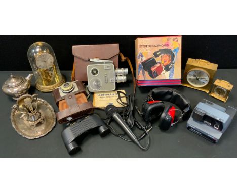 A Kundo anniversary clock; a Quartmaster clock; Ilford Sport camera; Polaroid Impulse; binoculars;  etc 