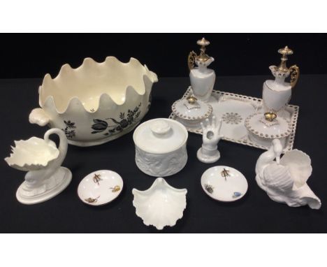 Ceramics - a Wedgwood shaped oval planter, Donald Brindley for Coalport Dragon powder pot and cover;  Royal Worcester fish an