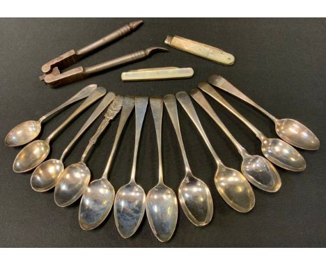 A William IV silver fruit knife, cross cut mother of pearl handle, Sheffield 1831;  another Birmingham 1924;  George III spoo