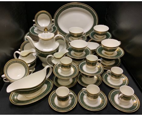 An extensive Royal Doulton Vanborough pattern table service for eight inc dinner plates, side plates , soup bowls, tea cups a