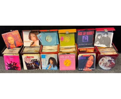 Vinyl records, singles, approximately 350 in original record cases, including James, Queen, Simple Minds, Kylie, The Seekers,