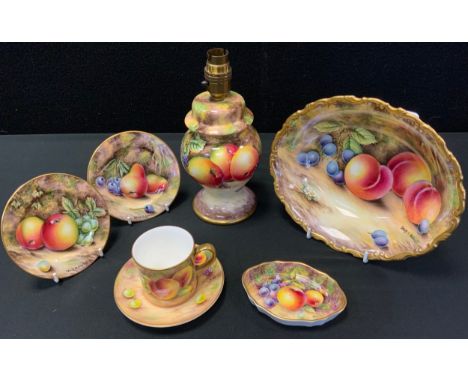 A David Bowkett fine bone china oval bowl, painted with Peaches, Damsons, mossy ground, signed; similar table lamp, pair of c