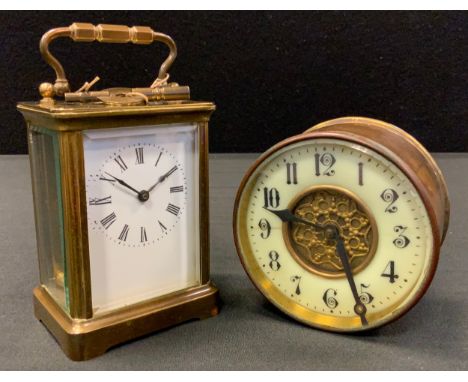 A 20th century brass carriage timepiece, white dial, Roman numerals, 14cm high;  a continental clock movement, cream dial, Ar
