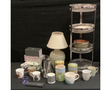 Robert Welch four tier pan stand/vegetable rack;&nbsp; Denby lamp;&nbsp; Emma Bridgwater plates and tins;&nbsp; David Mellor 
