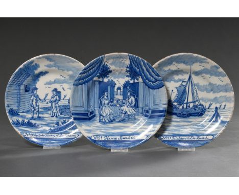 3 Diverse Delft Teller mit Blaumalerei „No. 2t Fictaljeere van de Buisch“, „No. 9t Haring Banket“ und „No. 11t Rooke der Hari
