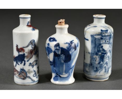 3 Diverse chinesische Porzellan Snuffbottles: 2 in Rolleauform mit Unterglasur Rot- und Blaumalerei "Historienszene" und "Tie