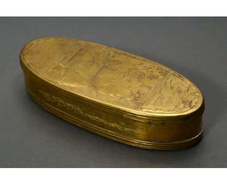 Ovale holländische Schnupftabakdose mit fein gravierter Szene "Amor und Liebespaar" sowie Spruch "In de mij Maart Soet En Sch