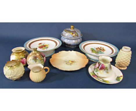 A collection of ceramics comprising two low comports with green and gilt banding and floral centre, a lidded bowl/tureen with