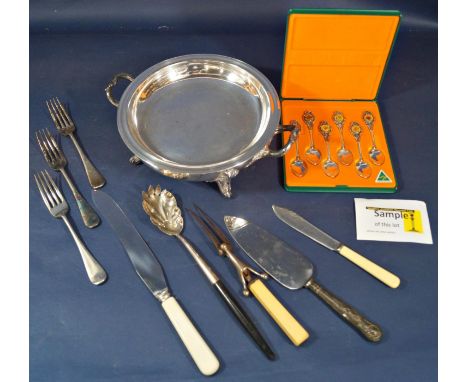 A silver plated bain-marie, a quantity of loose silver plated flatware, a collection of souvenir teaspoons, a large stainless