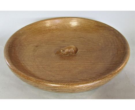 A Robert 'Mouseman' Thompson oak fruit bowl with an adzed outside finish and central signature mouse, with a Mouse label to b