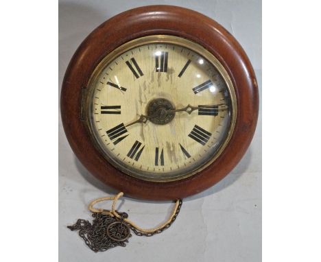 A small mahogany wall clock with painted dial, simple movement and alarm 
