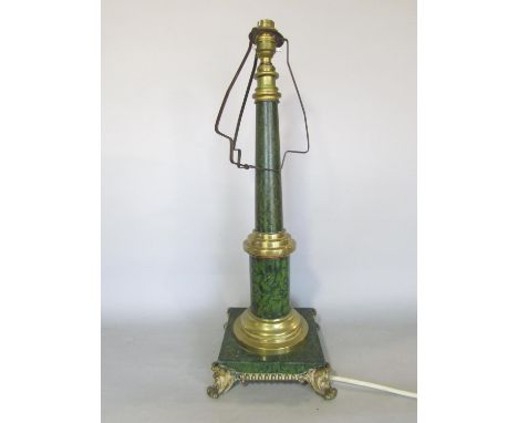 A tapered classical column table lamp with brass detail and in a painted green marble effect finish, with a green shade, 52cm