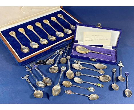 A Mappin &amp; Webb silver Cone Spoon in a presentation box, boxed Franklin Mint seven Royal Family spoons, and a collection 