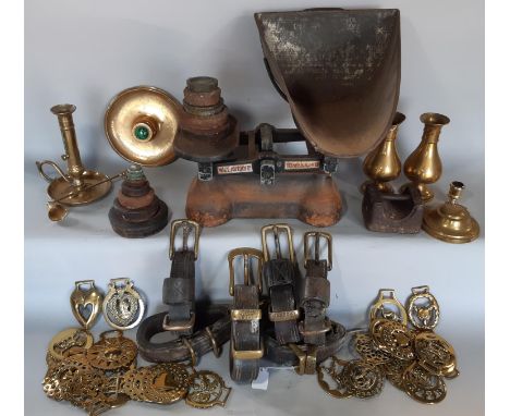 A pair of horses leather tug harnesses made by W J Turvey of Evesham and four other tugs along with a collection of horse bra