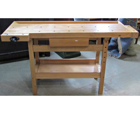 A contemporary beechwood work bench with frieze drawer, under shelf, etc, 145cm L x 55 W x 84 H 