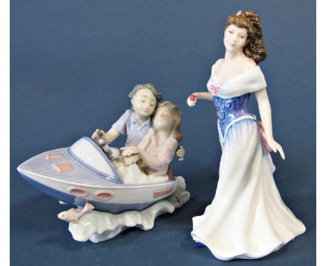 A Lladro figure group of a young couple in a small fishing boat set within a ceramic plinth of jumping fish and waves, 14cm t