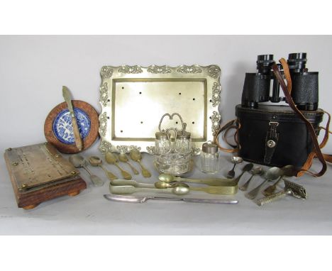 A Miscellaneous collection of items including a vintage pair of Regent binoculars, a brass topped cribbage board, cruet set, 