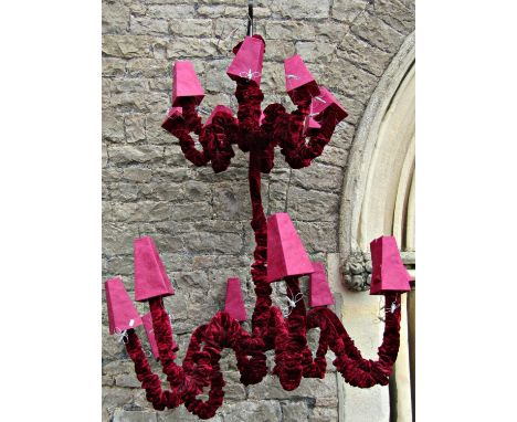 A large contemporary bespoke wire framed and scrunched red velvet covered 16 branch hanging ceiling light on two tiers 1.75m 