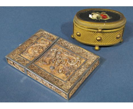 A Chinese silver metal fine filigree card case with dragon decoration 9.5 cm x 6.5 cm (AF) and a gilt finish oval trinket box