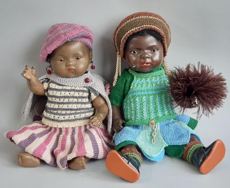 2 small early 20th century painted bisque head black dolls, both with 5 piece composition body, closing brown eyes, knitted c