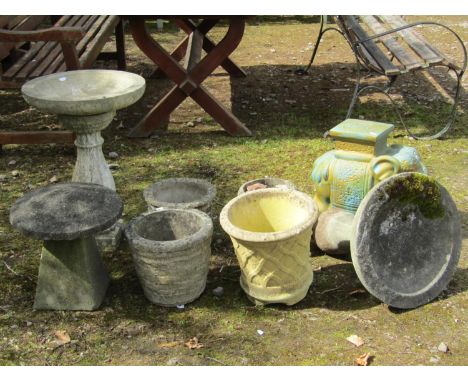 A small weathered cast composition stone staddlestone and cap, 40cm high approx together with four weathered composition ston