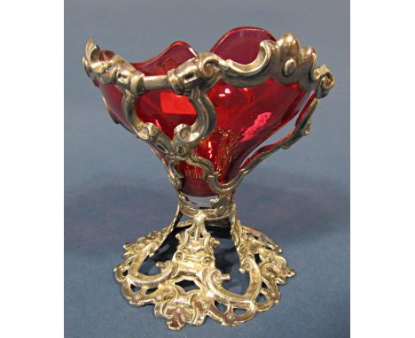 A Victorian ruby glass dish on a silver stand, 5 ozs approximately 