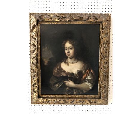 Circle of Caspar (Gaspar) Netscher (Dutch, 1639-1684), half-portrait of a lady wearing a pearl necklace, oil on canvas, 50.5 